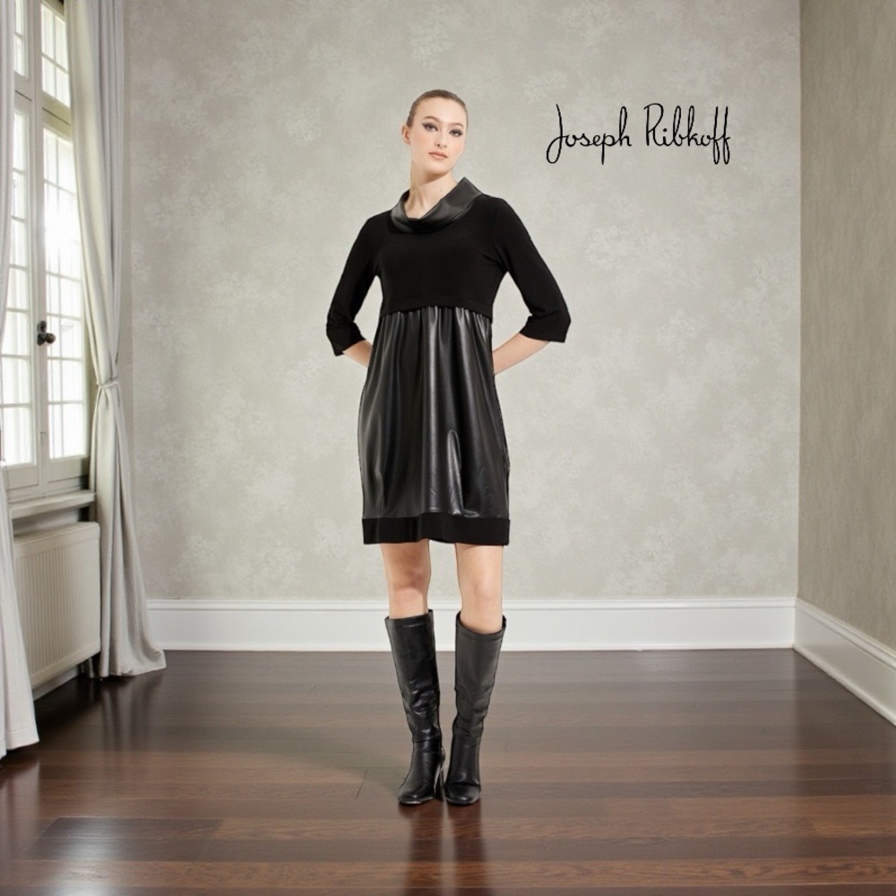 Joseph Ribkoff, Black Faux Leather A-Line Dress Mixed Media Empire Waist, Size 4